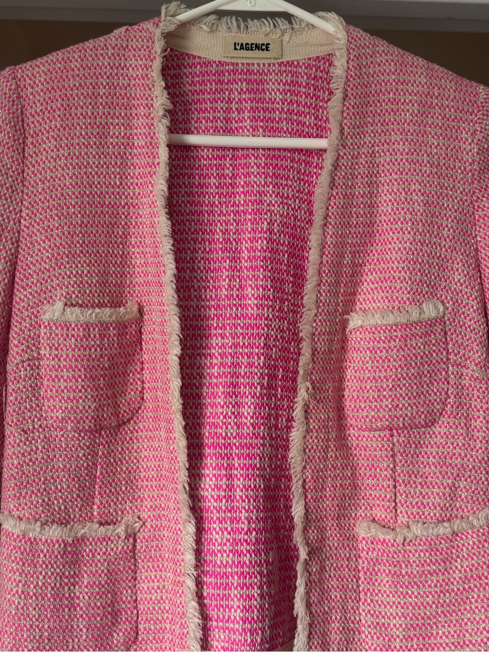 L'AGENCE Pink Tweed Fringe Open-Front Jacket
